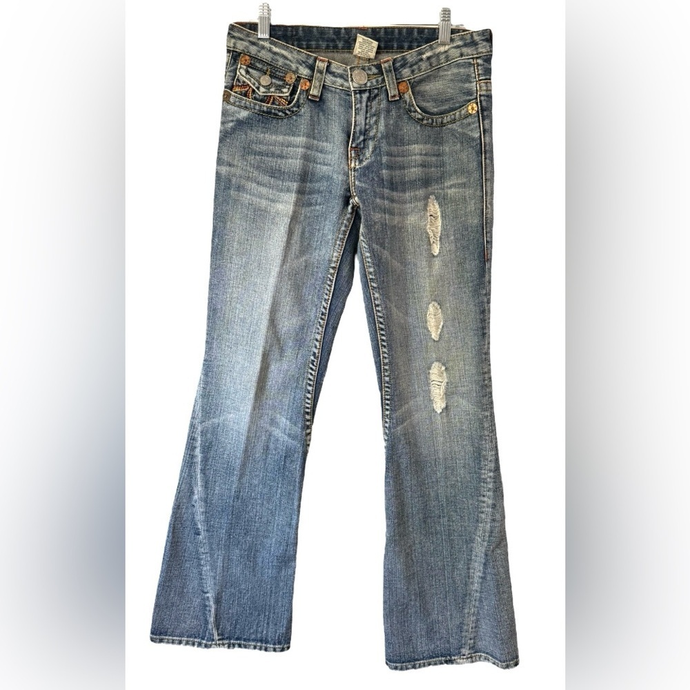 True Religion Women's Distressed Flare Bootcut Jeans Y2K Rainbow Logo Size 30